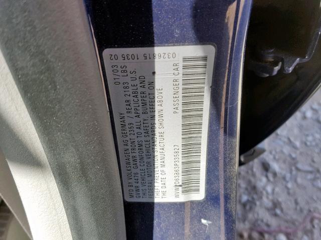 WVWPD63B63P335827 - 2003 VOLKSWAGEN PASSAT GLS BLUE photo 10