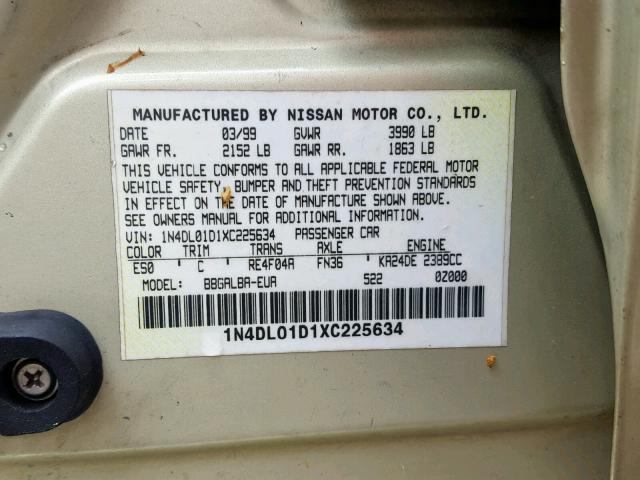 1N4DL01D1XC225634 - 1999 NISSAN ALTIMA XE GOLD photo 10