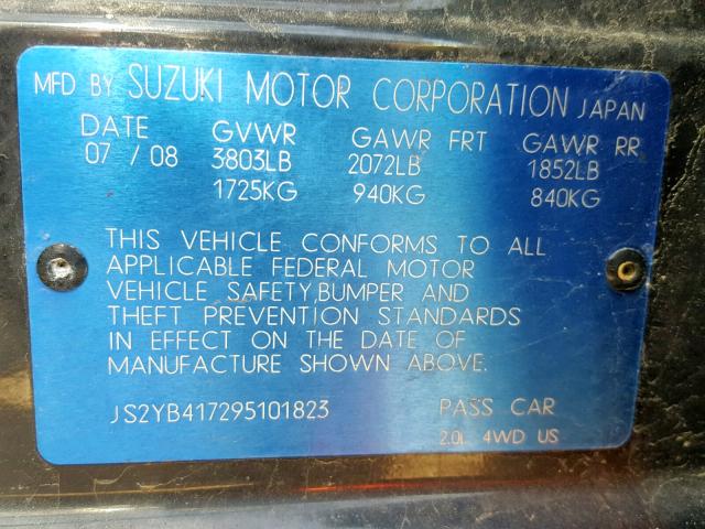 JS2YB417295101823 - 2009 SUZUKI SX4 TOURIN BLACK photo 10