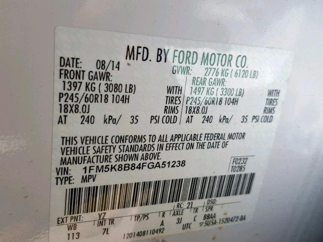 1FM5K8B84FGA51238 - 2015 FORD EXPLORER WHITE photo 10