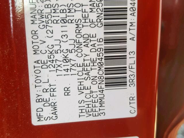 3TMMU4FN8CM045916 - 2012 TOYOTA TACOMA DOU RED photo 10