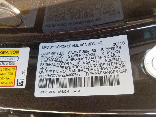 1HGCV3F92JA007583 - 2018 HONDA ACCORD TOURING HYBRID  photo 10