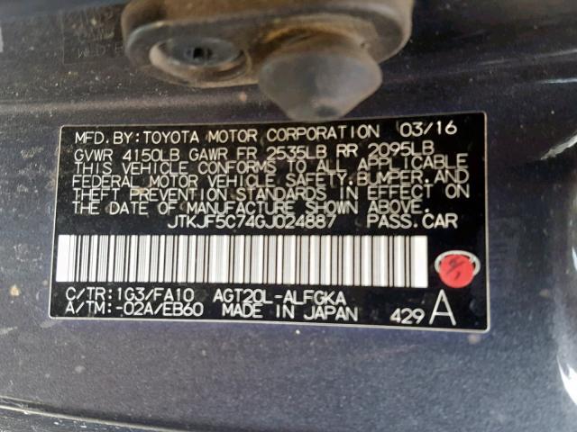 JTKJF5C74GJ024887 - 2016 TOYOTA SCION TC CHARCOAL photo 10