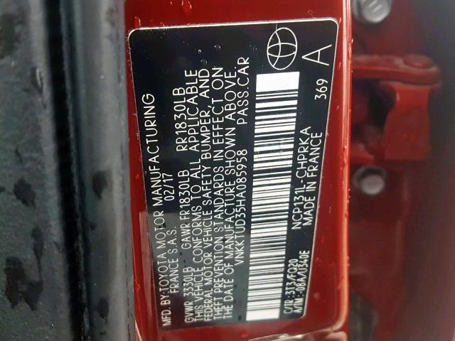 VNKKTUD35HA085958 - 2017 TOYOTA YARIS L RED photo 10