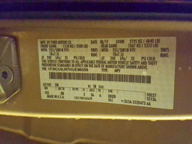 1FMCU9J97HUE96059 - 2017 FORD ESCAPE TIT BEIGE photo 10