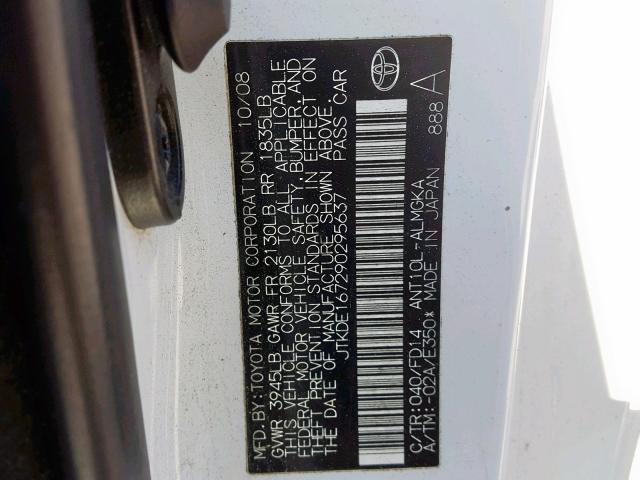 JTKDE167290295637 - 2009 TOYOTA SCION TC WHITE photo 10