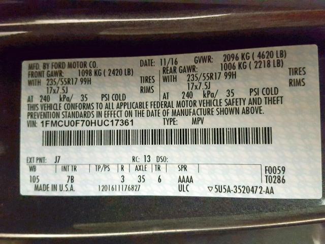 1FMCU0F70HUC17361 - 2017 FORD ESCAPE S GRAY photo 10