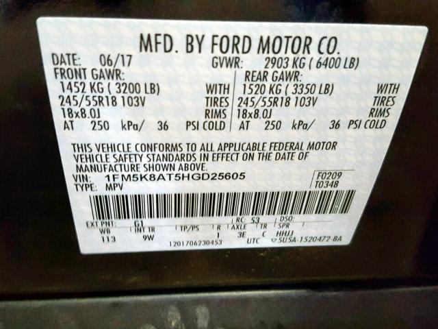 1FM5K8AT5HGD25605 - 2017 FORD EXPLORER P BLACK photo 10