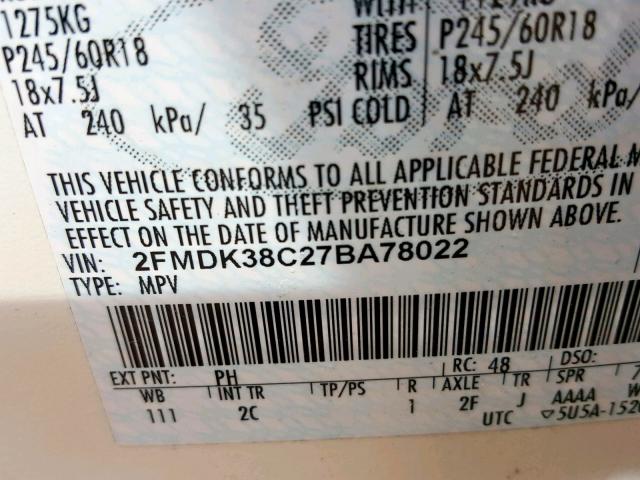 2FMDK38C27BA78022 - 2007 FORD EDGE SEL BEIGE photo 10