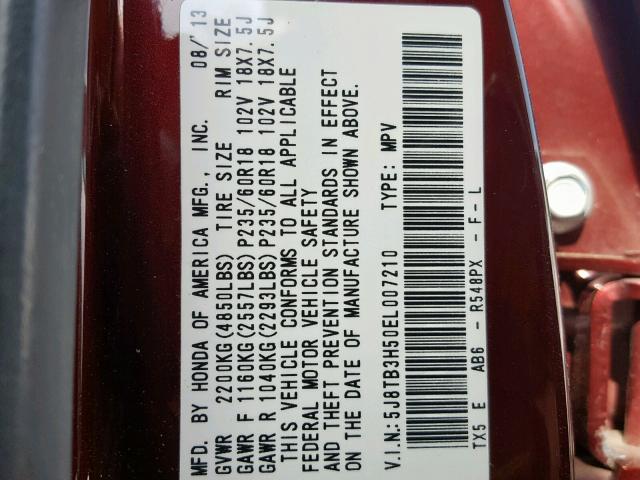 5J8TB3H50EL007210 - 2014 ACURA RDX TECHNO BURGUNDY photo 10