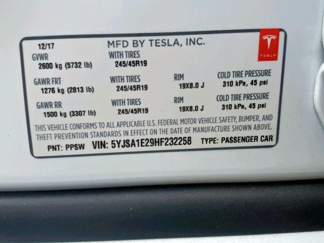 5YJSA1E29HF232258 - 2017 TESLA MODEL S WHITE photo 10