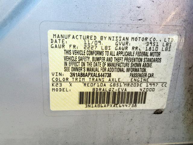 3N1AB6APXAL644738 - 2010 NISSAN SENTRA 2.0 SILVER photo 10