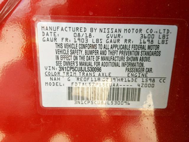 3N1CP5CU8JL530096 - 2018 NISSAN KICKS S RED photo 10