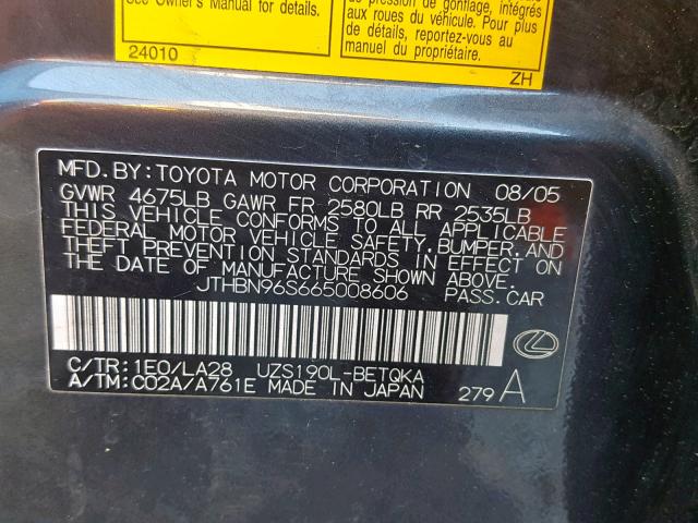 JTHBN96S665008606 - 2006 LEXUS GS GENERAT GRAY photo 10