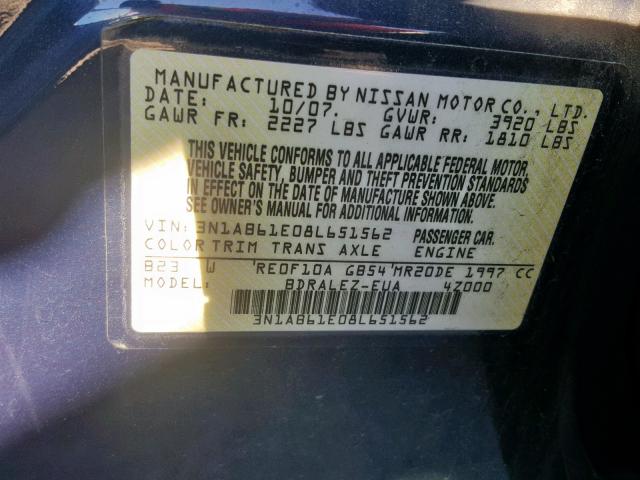 3N1AB61E08L651562 - 2008 NISSAN SENTRA 2.0 BLUE photo 10