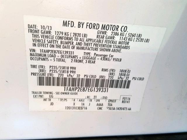 1FAHP2E87EG139331 - 2014 FORD TAURUS SEL WHITE photo 10