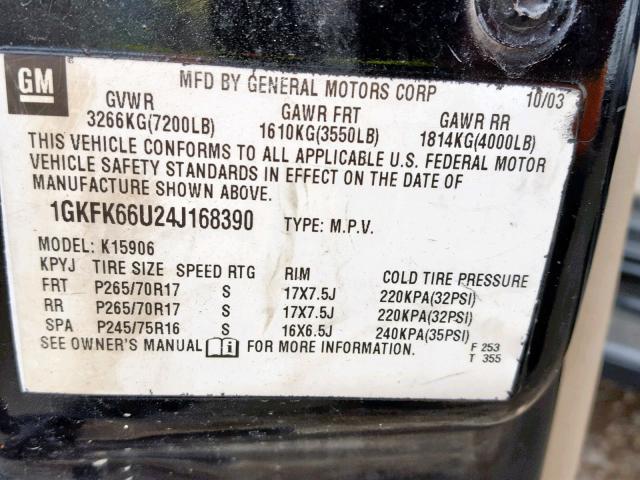 1GKFK66U24J168390 - 2004 GMC YUKON XL D BLACK photo 10