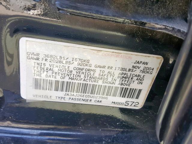 JA3AJ26E05U023986 - 2005 MITSUBISHI LANCER ES BLACK photo 10