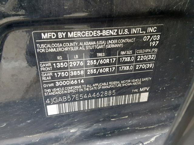 4JGAB57E54A462885 - 2004 MERCEDES-BENZ ML 350 BLACK photo 10