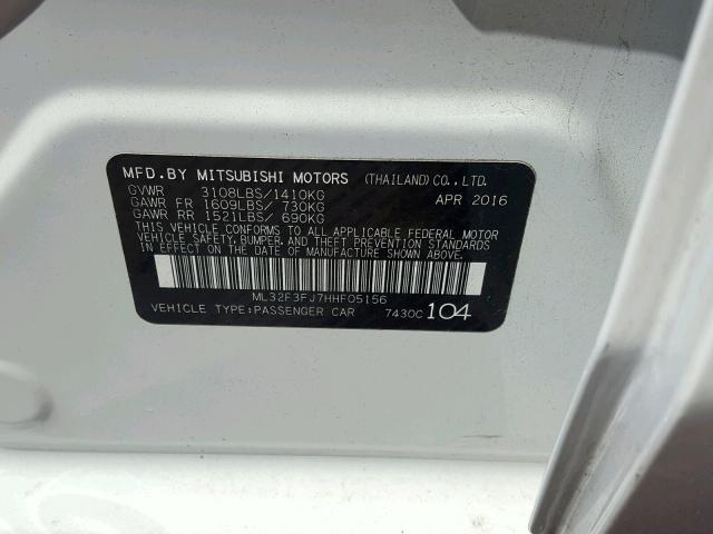 ML32F3FJ7HHF05156 - 2017 MITSUBISHI MIRAGE G4 WHITE photo 10