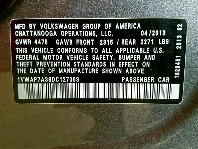 1VWAP7A36DC127063 - 2013 VOLKSWAGEN PASSAT S GRAY photo 10