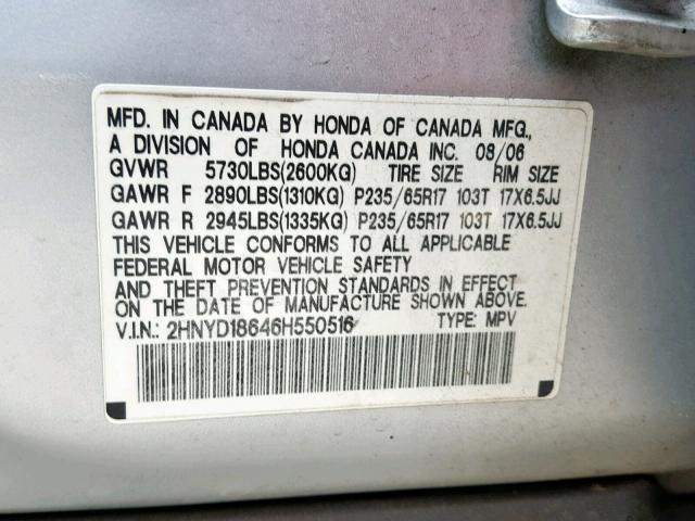 2HNYD18646H550516 - 2006 ACURA MDX TOURIN SILVER photo 10