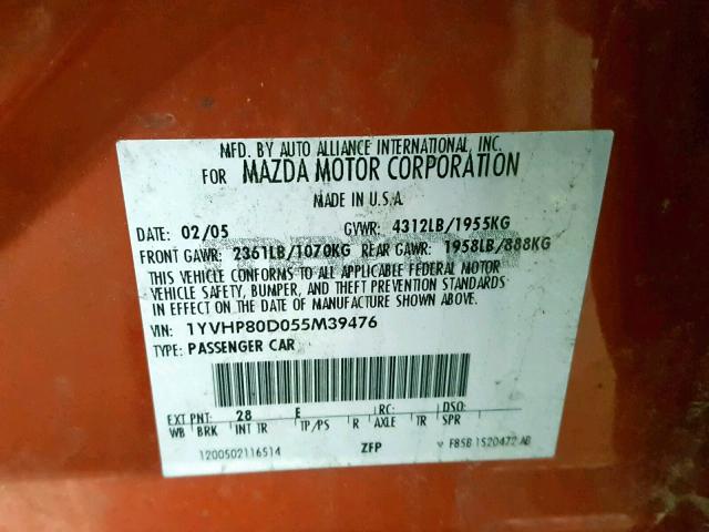 1YVHP80D055M39476 - 2005 MAZDA 6 S ORANGE photo 10