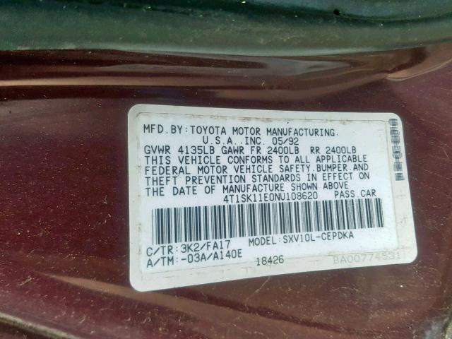 4T1SK11E0NU108620 - 1992 TOYOTA CAMRY DLX 勃艮第红 照片 10