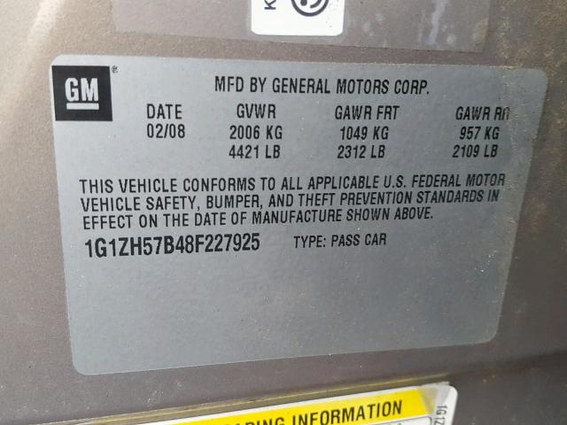 1G1ZH57B48F227925 - 2008 CHEVROLET MALIBU 1LT 米色 照片 10