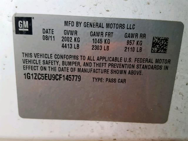 1G1ZC5EU9CF145779 - 2012 CHEVROLET MALIBU 1LT 白色 照片 10