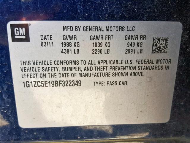 1G1ZC5E19BF322349 - 2011 CHEVROLET MALIBU 1LT 蓝色 照片 10