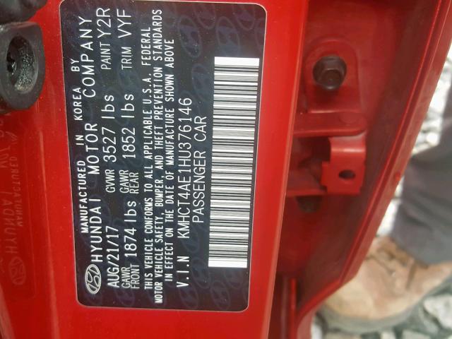 KMHCT4AE1HU376146 - 2017 HYUNDAI ACCENT SE RED photo 10