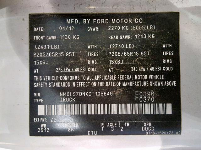 NM0LS7DNXCT105649 - 2012 FORD TRANSIT CO WHITE photo 10