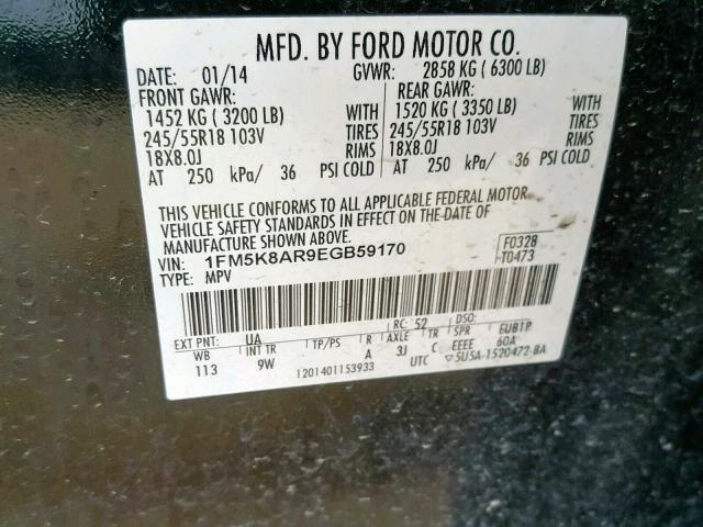 1FM5K8AR9EGB59170 - 2014 FORD EXPLORER P BLACK photo 10