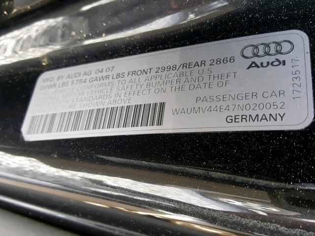 WAUMV44E47N020052 - 2007 AUDI A8 L QUATT BLACK photo 10