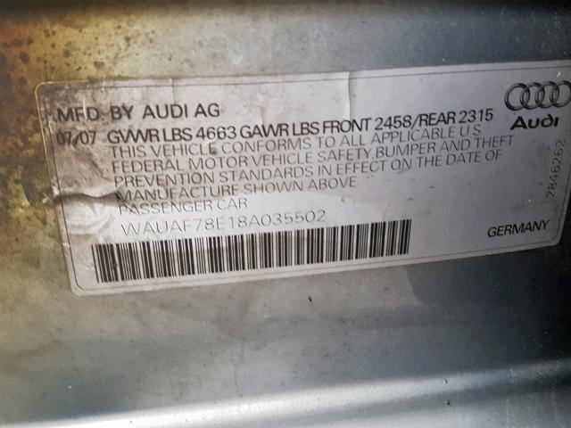 WAUAF78E18A035502 - 2008 AUDI A4 2.0T GRAY photo 10