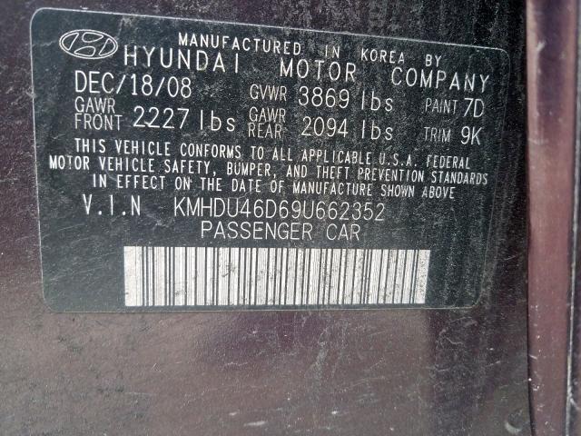 KMHDU46D69U662352 - 2009 HYUNDAI ELANTRA GLS  photo 10