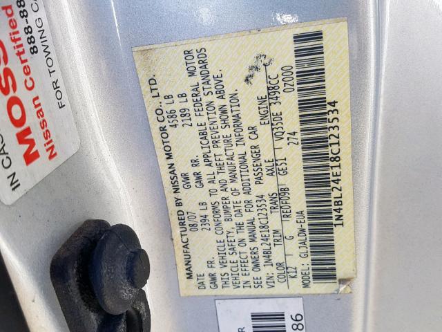 1N4BL24E18C123534 - 2008 NISSAN ALTIMA 3.5 SILVER photo 10