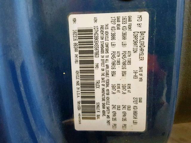 1D7HG38K64S507863 - 2004 DODGE DAKOTA QUA BLUE photo 10