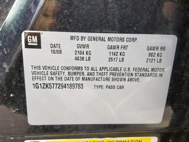 1G1ZK577294189783 - 2009 CHEVROLET MALIBU LTZ შავი ფოტო 10