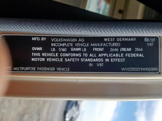 WV2ZB0251HH060880 - 1987 VOLKSWAGEN VANAGON CA GOLD photo 10