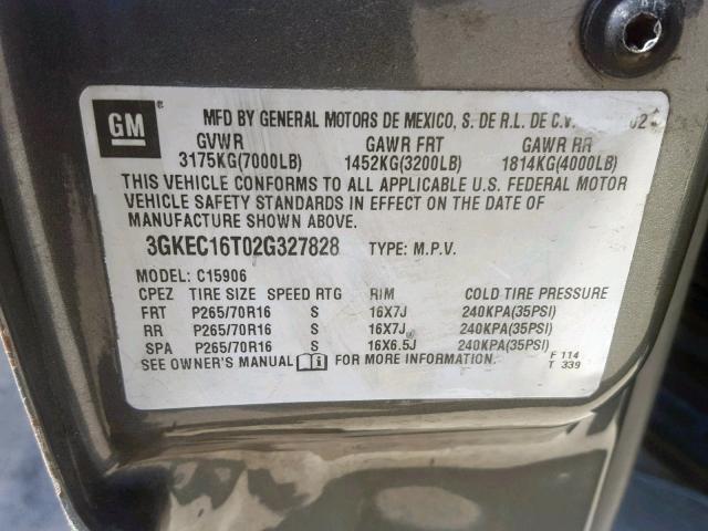 3GKEC16T02G327828 - 2002 GMC YUKON XL C GRAY photo 10