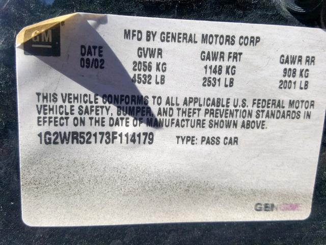 1G2WR52173F114179 - 2003 PONTIAC GRAND PRIX BLACK photo 10