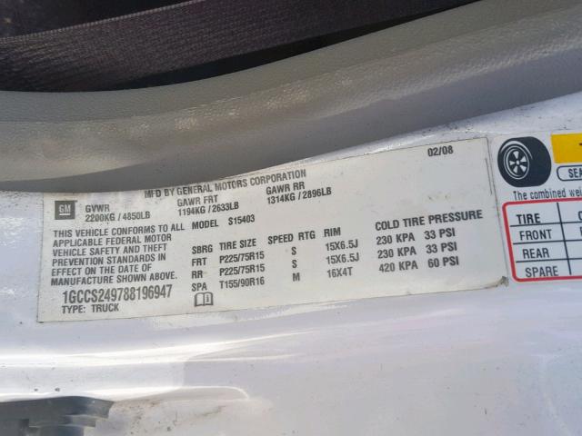 1GCCS249788196947 - 2008 CHEVROLET COLORADO L WHITE photo 10