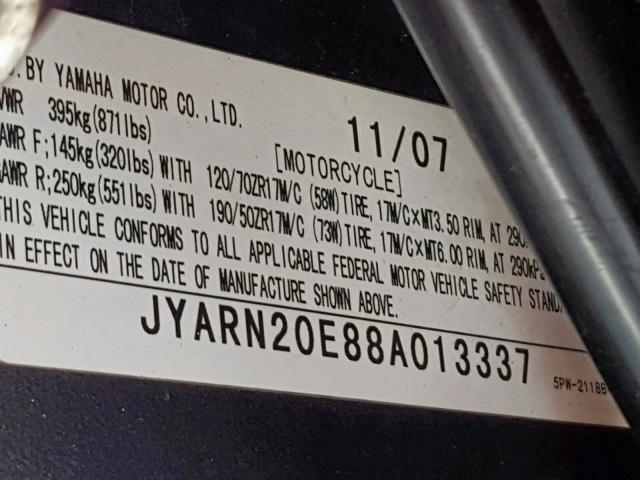 JYARN20E88A013337 - 2008 YAMAHA YZFR1 RED photo 10