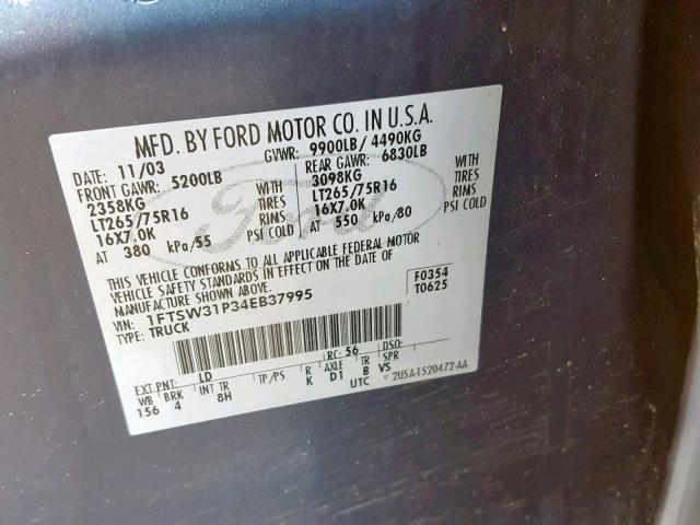 1FTSW31P34EB37995 - 2004 FORD F350 SRW S BLUE photo 10