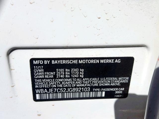 WBAJE7C52JG892103 - 2018 BMW 540 XI WHITE photo 10