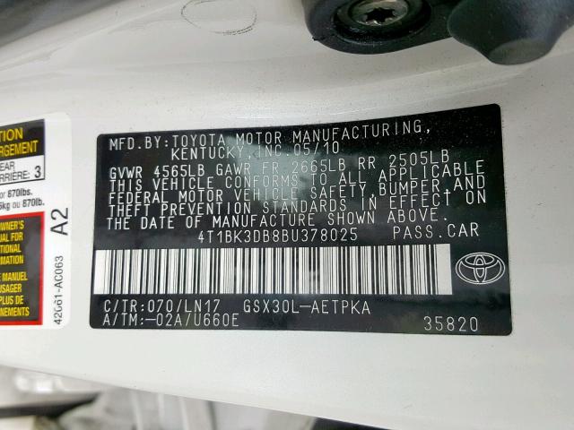 4T1BK3DB8BU378025 - 2011 TOYOTA AVALON BAS WHITE photo 10