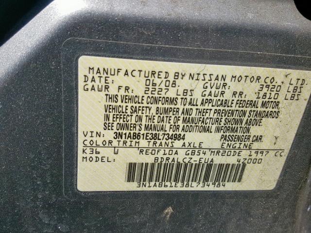 3N1AB61E38L734984 - 2008 NISSAN SENTRA 2.0 GRAY photo 10