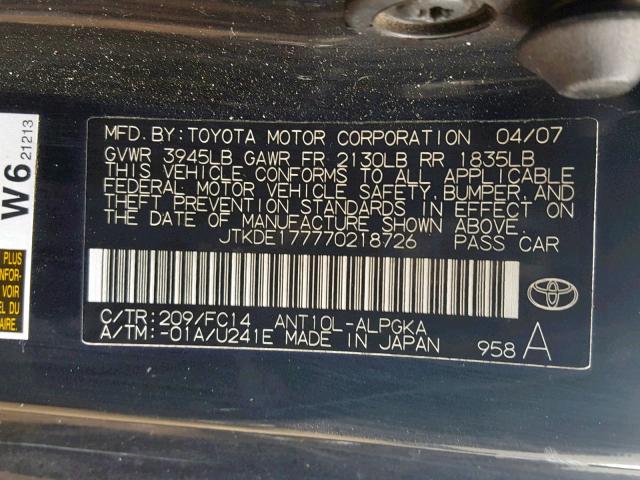 JTKDE177770218726 - 2007 TOYOTA SCION TC შავი ფოტო 10